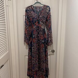 Johnny Was Vibrant Leopard and Floral Long Sleeve Dress
